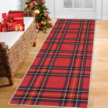 Garvee Christmas Runner Rug 2x8 Hallway Runners Washable Plaid Rug Xmas Decor Non Slip Kitchen Rugs Bath Mat Grid Low Pile Entryway Rug Stain Resistant Carpet for Laundry Entance Plaid|Red 2'x8'