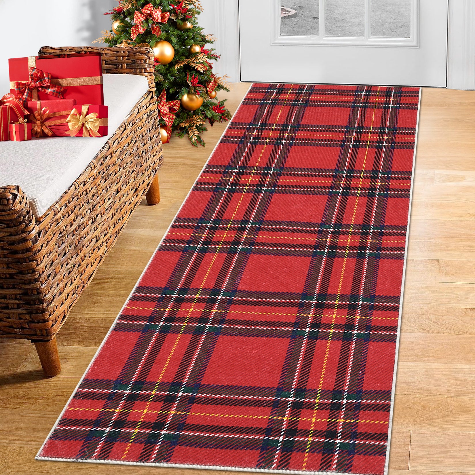 Garvee Christmas Runner Rug 2x8 Hallway Runners Washable Plaid Rug Xmas Decor Non Slip Kitchen Rugs Bath Mat Grid Low Pile Entryway Rug Stain Resistant Carpet for Laundry Entance Plaid|Red 2'x8'