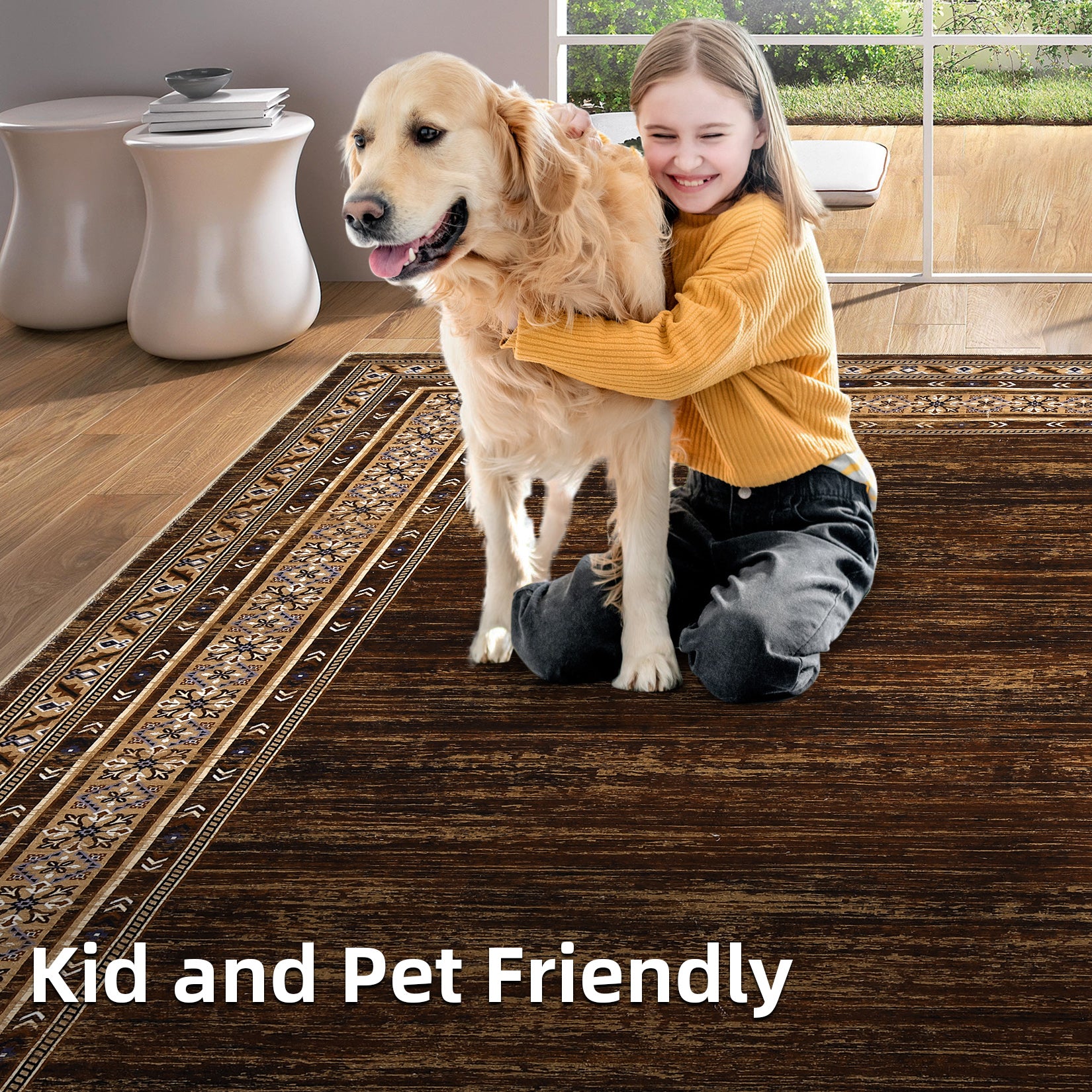 Garvee Red-Brown Washable Bordered Area Rug 6' × 9', Non Slip Low Pile Stain Resistant Rug for Living Room, Bedroom, Dining Room, Office