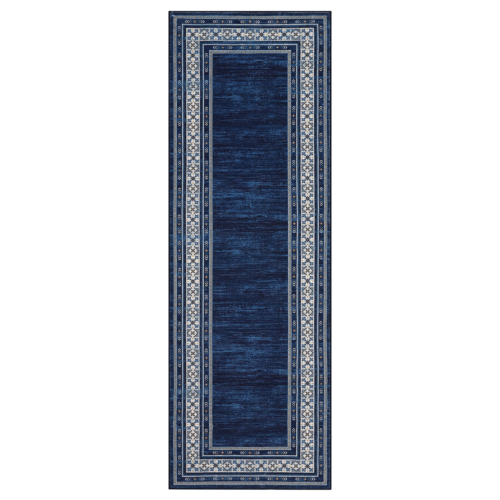 Garvee Navy Blue Washable Bordered Runner Rug 2' × 6', Non Slip Low Pile Stain Resistant Rug for Kitchen, Hallway, Entryway, Laundry Room