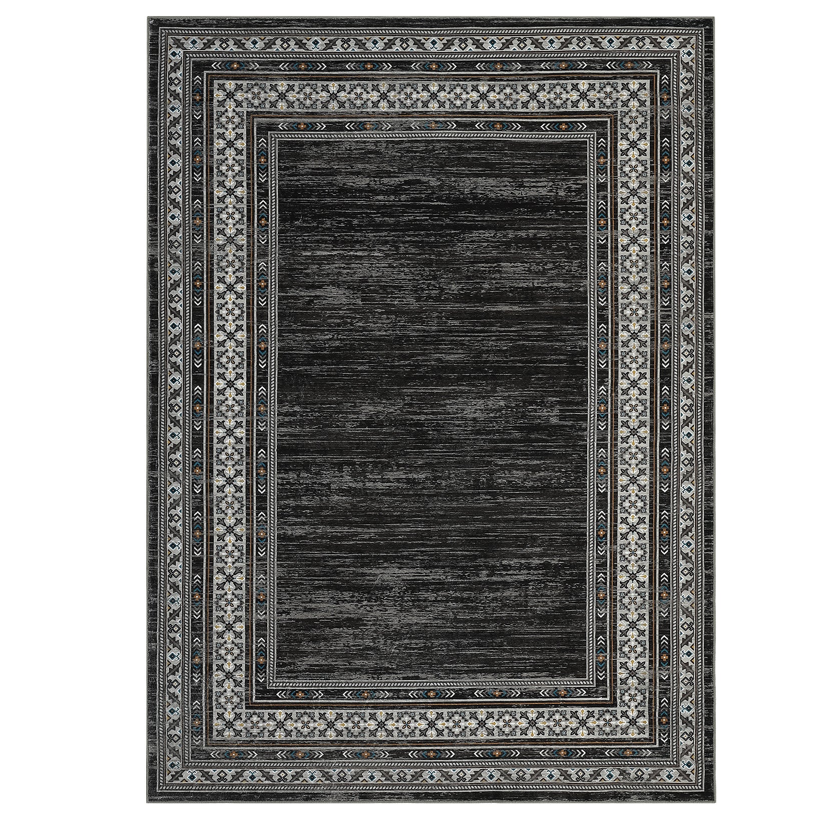 Garvee Dark Gary Washable Bordered Area Rug 8' × 10', Non Slip Low Pile Non Shedding Stain Resistant Rug, Modern Distressed Geometric Rug for Living Room Bedroom Dining Room