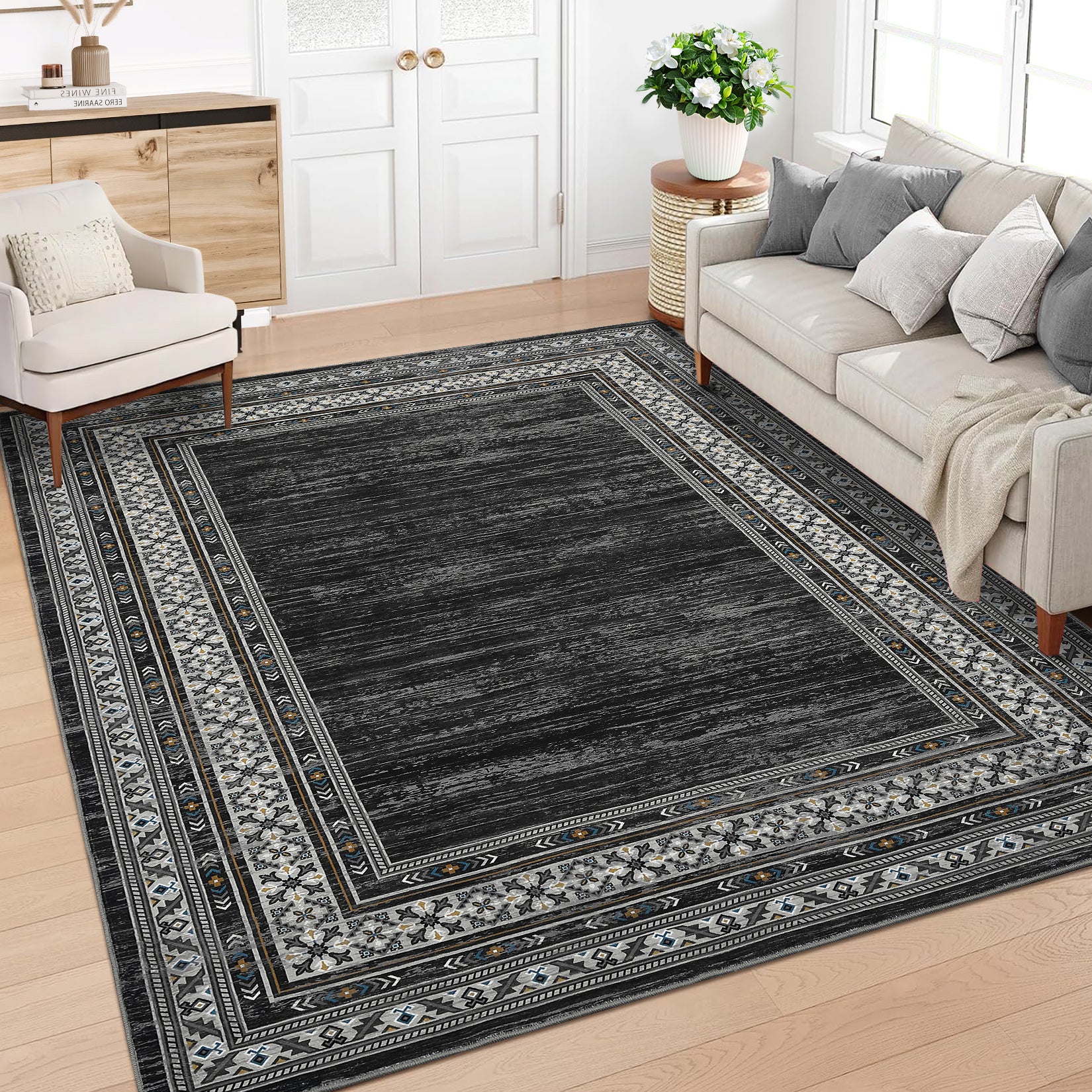 Garvee Dark Gary Washable Bordered Area Rug 8' × 10', Non Slip Low Pile Non Shedding Stain Resistant Rug, Modern Distressed Geometric Rug for Living Room Bedroom Dining Room