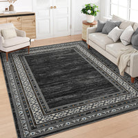 Garvee Dark Gary Washable Bordered Area Rug 8' × 10', Non Slip Low Pile Non Shedding Stain Resistant Rug, Modern Distressed Geometric Rug for Living Room Bedroom Dining Room