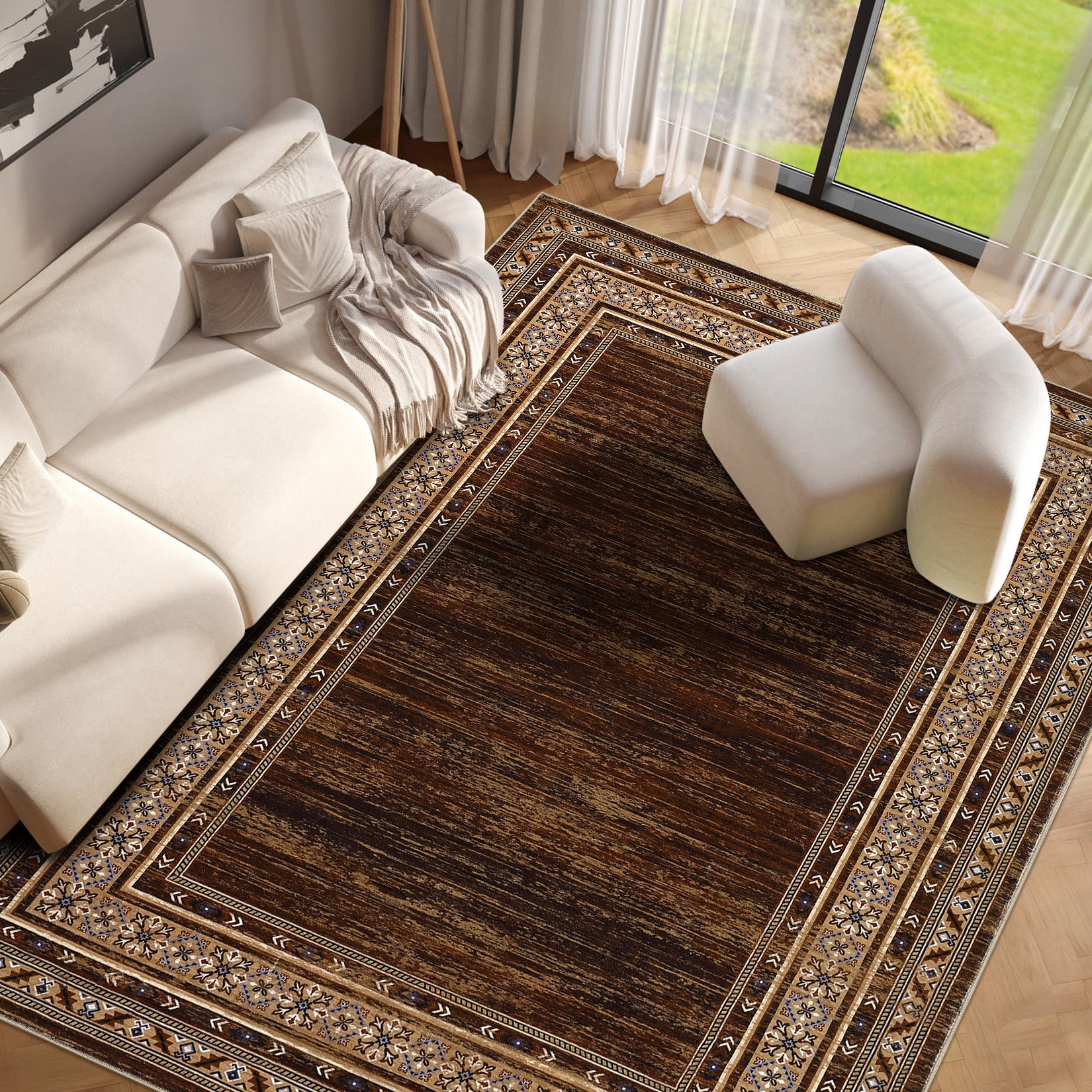 Garvee Red-Brown Washable Bordered Area Rug 6' × 9', Non Slip Low Pile Stain Resistant Rug for Living Room, Bedroom, Dining Room, Office