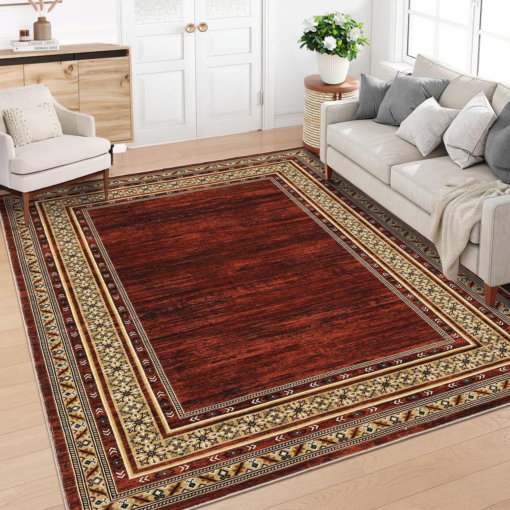 Garvee Red Washable Bordered Area Rug 8' × 10', Non Slip Low Pile Non Shedding Stain Resistant Rug, Modern Distressed Geometric Rug for Living Room Bedroom Dining Room