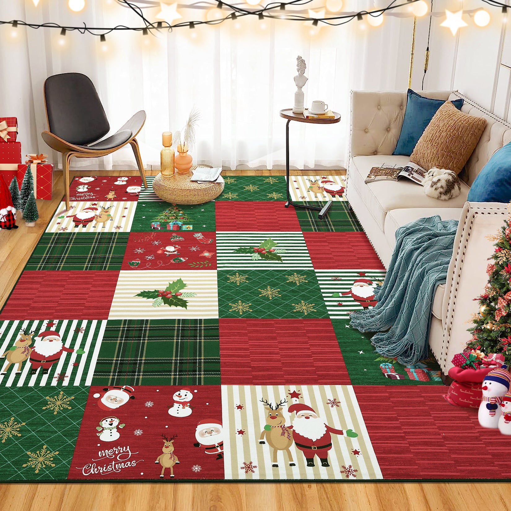Garvee Christmas Area Rug 5x7 Rug for Living Room Rug Xmas Deer Red Rug Washable Rug for Bedroom Aesthetic Non Slip Low Pile Throw Rugs Stain Resistant Carpet for Dining Room 5'x7' Plaid Patchwork