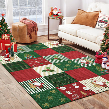Garvee Christmas Area Rug 5x7 Rug for Living Room Rug Xmas Deer Red Rug Washable Rug for Bedroom Aesthetic Non Slip Low Pile Throw Rugs Stain Resistant Carpet for Dining Room 5'x7' Plaid Patchwork