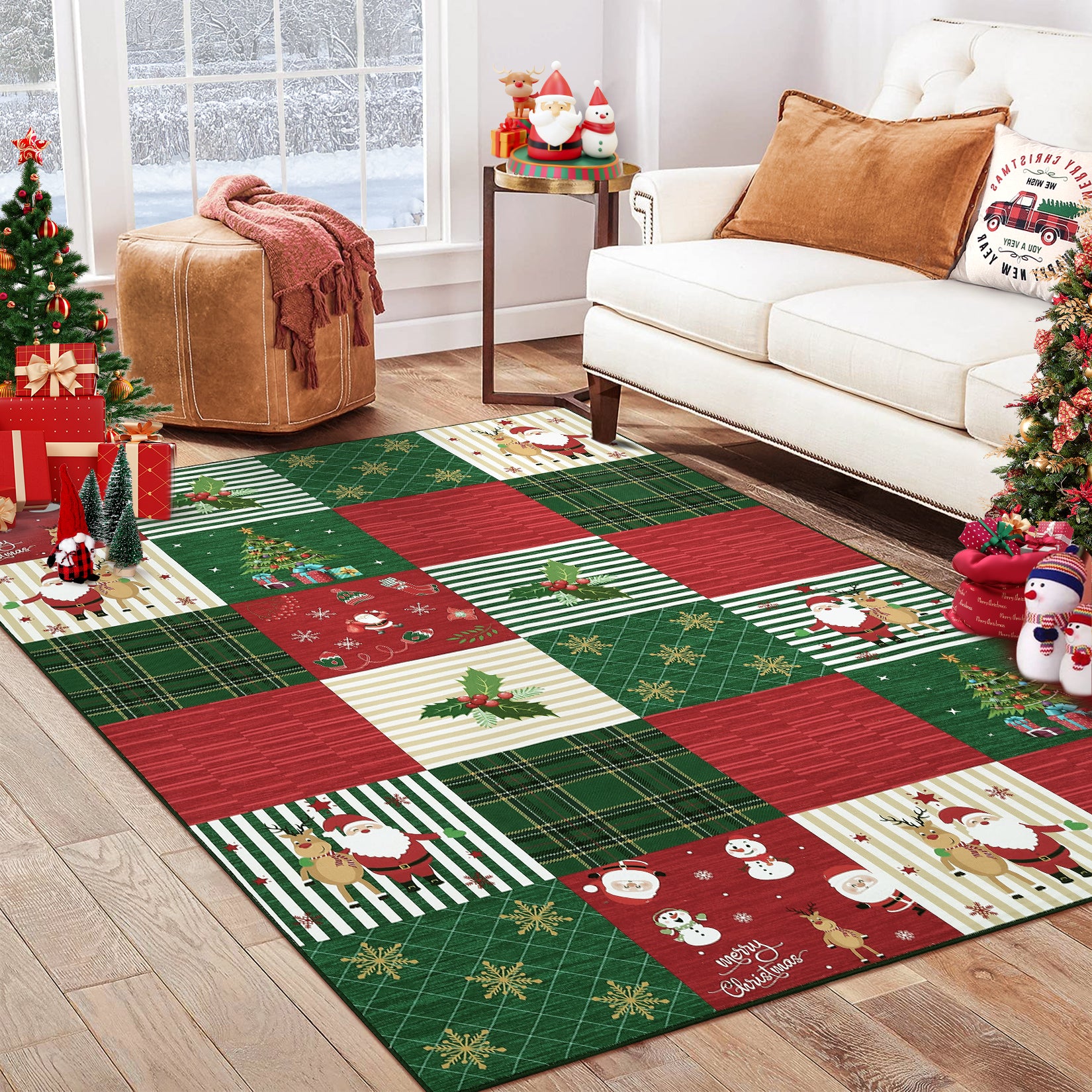 Garvee Christmas Area Rug 5x7 Rug for Living Room Rug Xmas Deer Red Rug Washable Rug for Bedroom Aesthetic Non Slip Low Pile Throw Rugs Stain Resistant Carpet for Dining Room 5'x7' Plaid Patchwork