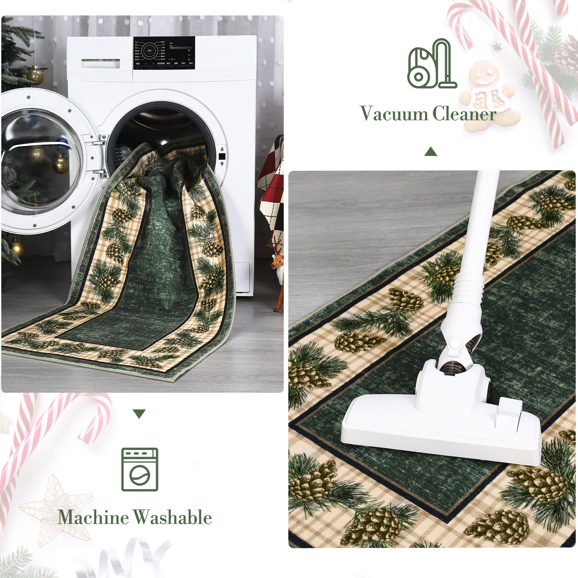 Garvee Washable Rug 5x7 Area Rug for Living Room Green Plaid Rug Christmas Rug with Pinecorn Non Slip Soft Accent Rug for Bedroom Stain Resistant Carpet for Nursery Office Plaid|Green 5'x7'