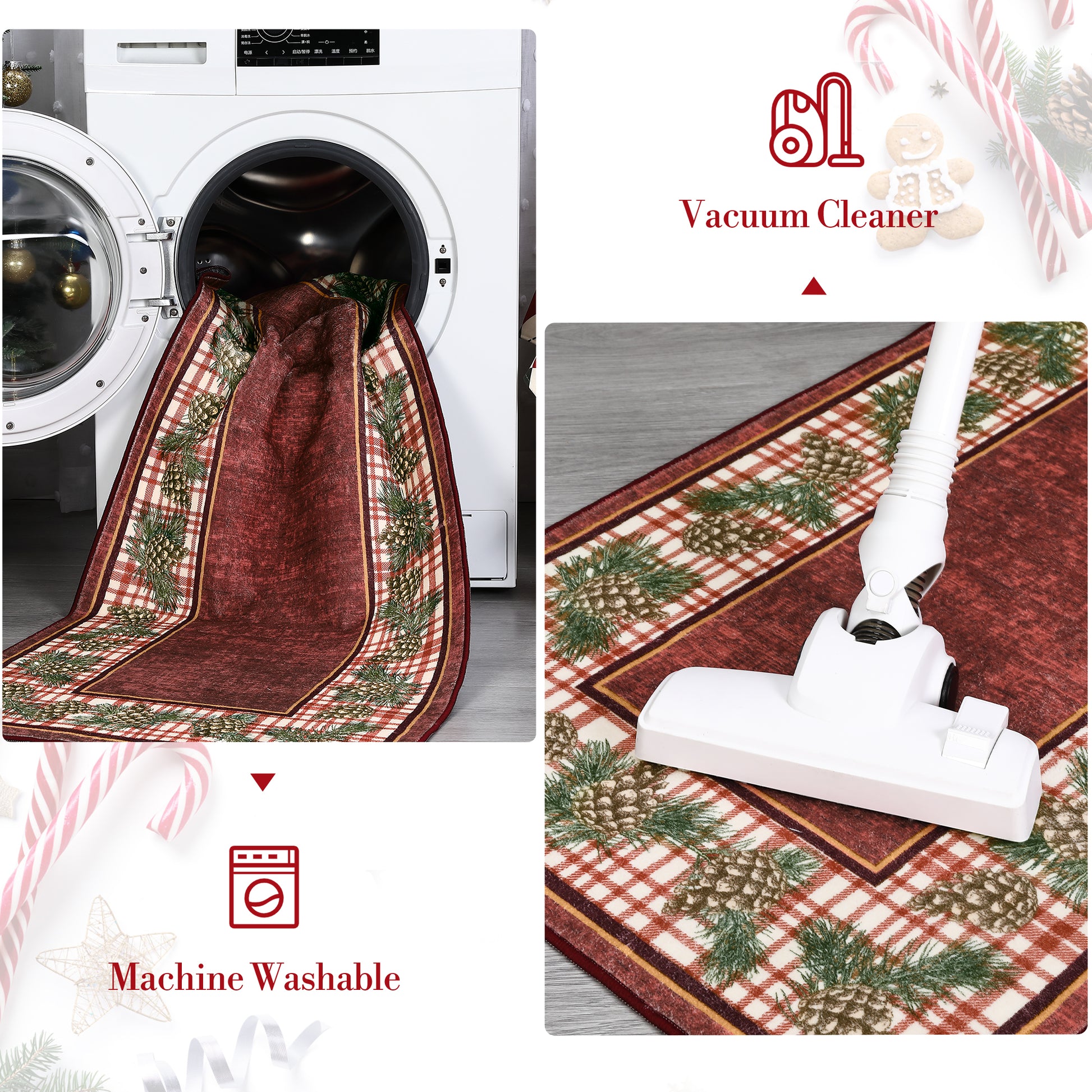 Garvee Christmas Runner Rug 2x6 Washable Plaid Area Rug Xmas Decor Pinecone Non Slip Kitchen Rugs Bath Mat Low Pile Entryway Rug Soft Stain Resistant Carpet for Laundry Entance