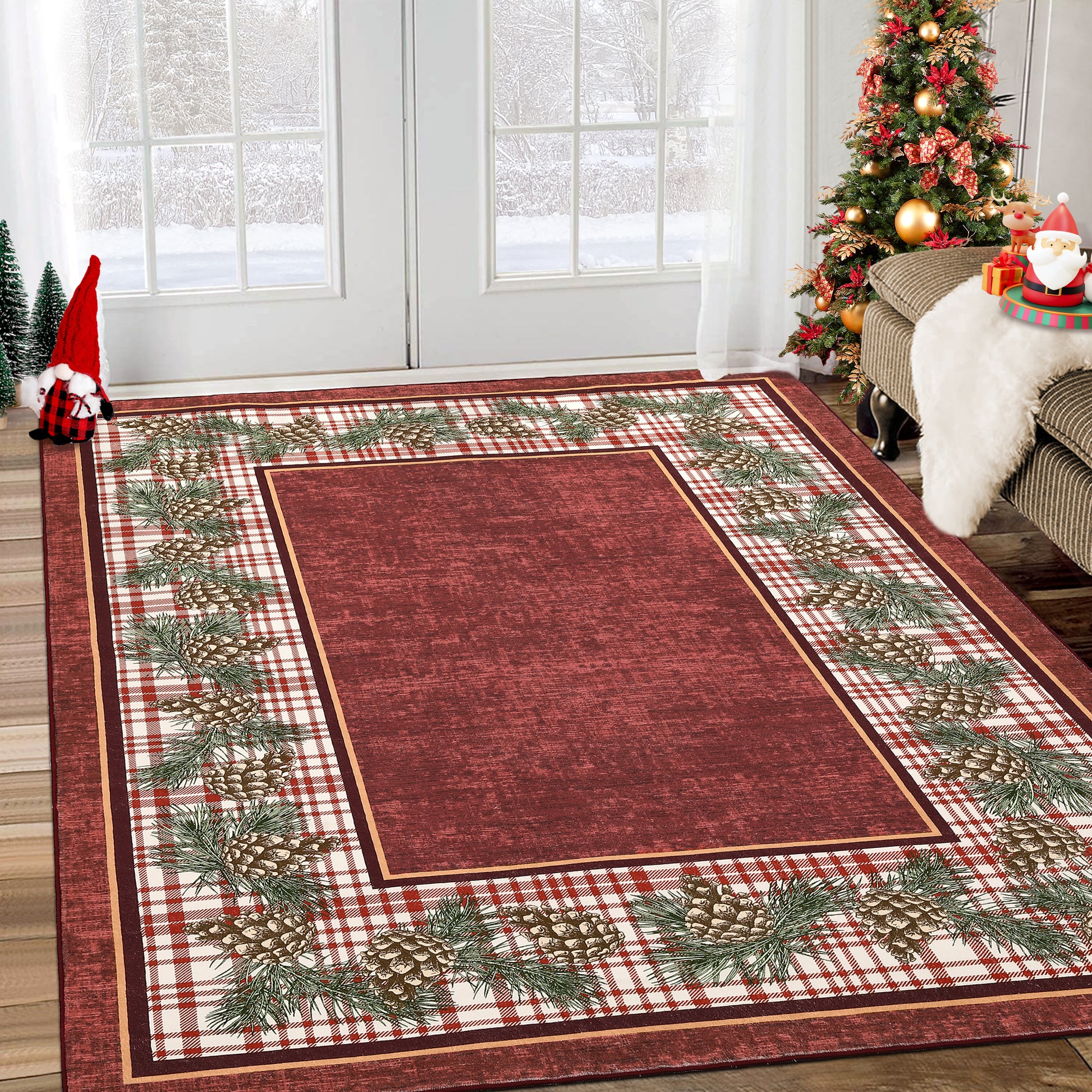 Garvee Christmas Rug 9x12 Washable Area Rug Red Plaid Rug Xmas Decor Tartan Non Slip Living Room Rug Soft Large Throw Rugs for Bedroom Low Pile Stain Resistant Carpet for Nursery Border|Red 9'x12'