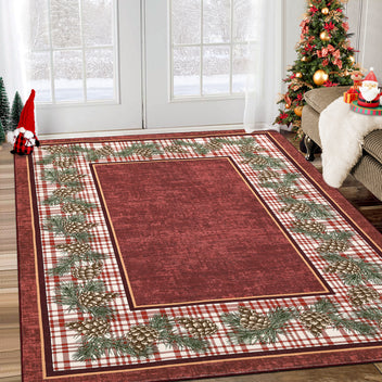Garvee Washable Area Rug 6x9 for Living Room Christmas Rug Red Plaid Rug with Pinecone, Non Slip Soft Accent Rug for Bedroom Low Pile Stain Resistant Carpet for Nursery Office Border|Red 6'x9'