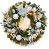 Garvee Pre-Lit Artificial Christmas Wreath, Xmas Decorated with Silver White Ball Ornaments Pine Cones, Ribbon Bow, Outdoor Lighted Christmas Wreath for Front Door - Wreath