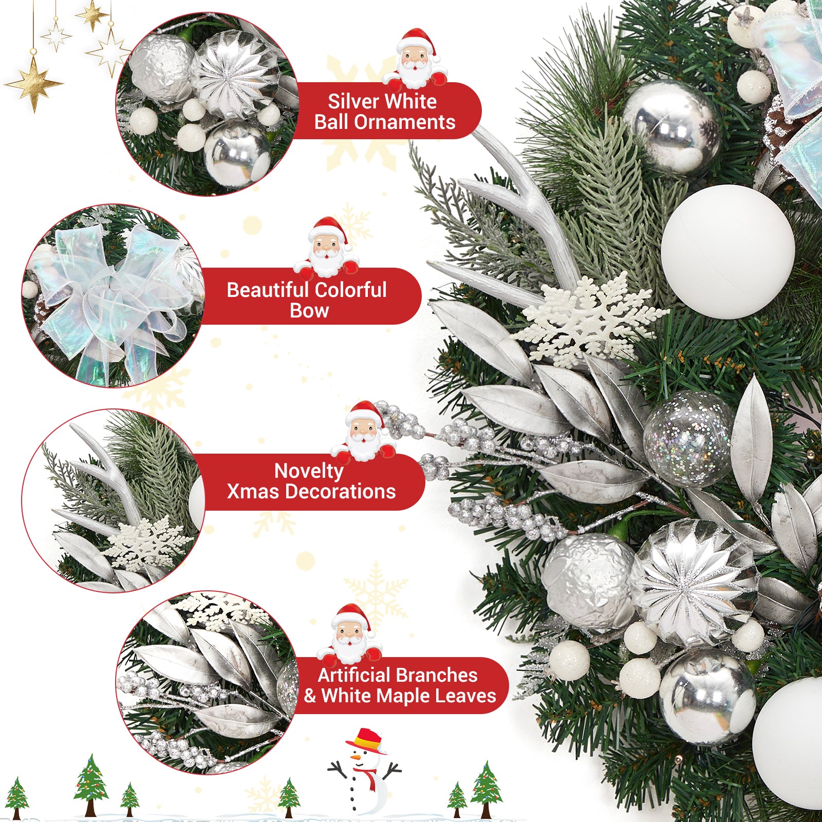 Garvee Pre-Lit Artificial Christmas Wreath, Xmas Decorated with Silver White Ball Ornaments Pine Cones, Ribbon Bow, Outdoor Lighted Christmas Wreath for Front Door