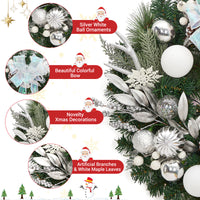 Garvee Pre-Lit Artificial Christmas Wreath, Xmas Decorated with Silver White Ball Ornaments Pine Cones, Ribbon Bow, Outdoor Lighted Christmas Wreath for Front Door