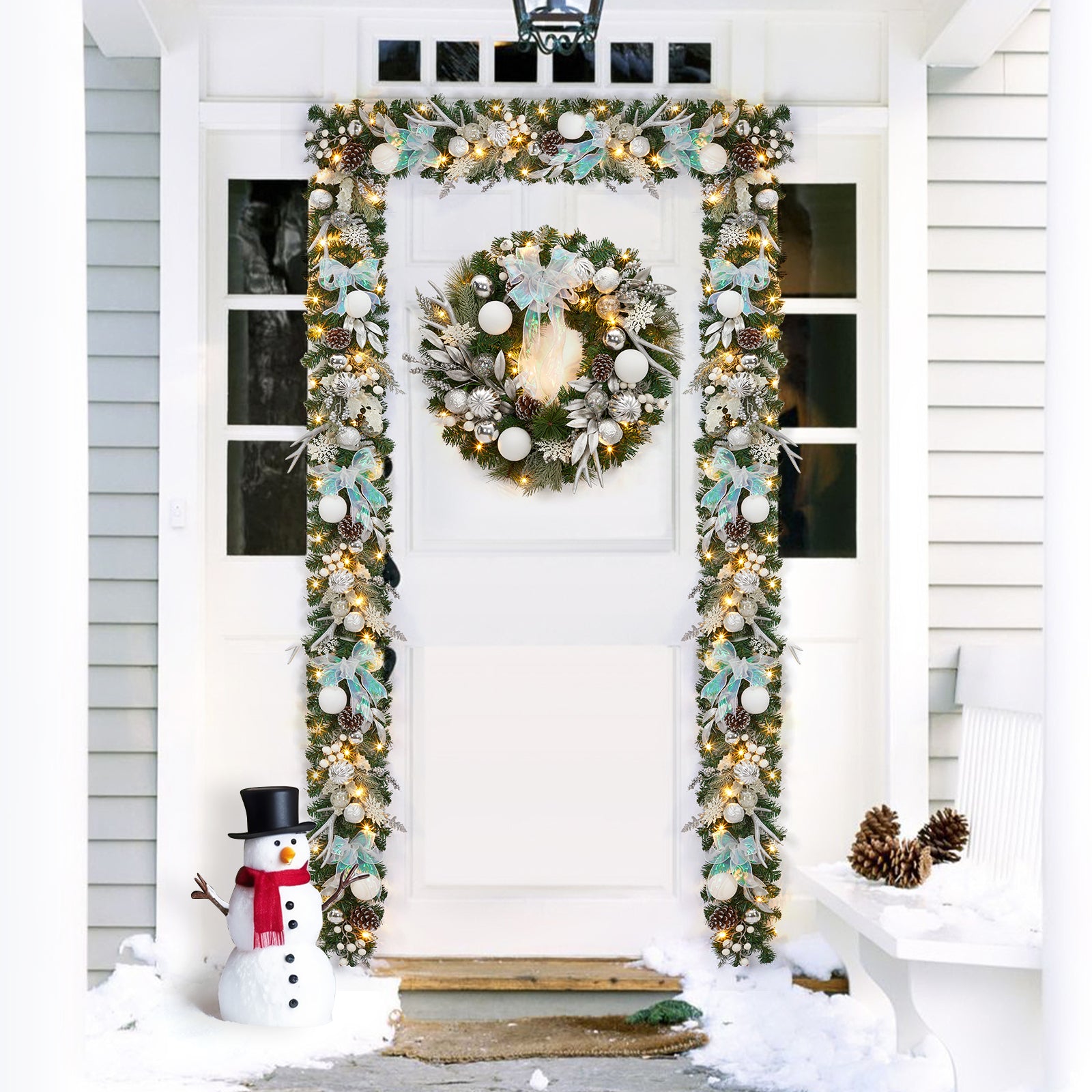 Garvee Pre-Lit Artificial Christmas Wreath, Xmas Decorated with Silver White Ball Ornaments Pine Cones, Ribbon Bow, Outdoor Lighted Christmas Wreath for Front Door