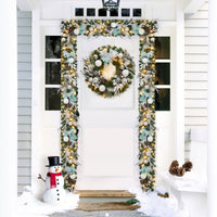 Garvee Pre-Lit Artificial Christmas Wreath, Xmas Decorated with Silver White Ball Ornaments Pine Cones, Ribbon Bow, Outdoor Lighted Christmas Wreath for Front Door