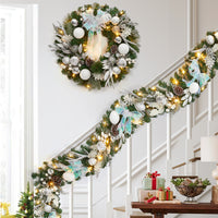 Garvee Pre-Lit Artificial Christmas Wreath, Xmas Decorated with Silver White Ball Ornaments Pine Cones, Ribbon Bow, Outdoor Lighted Christmas Wreath for Front Door