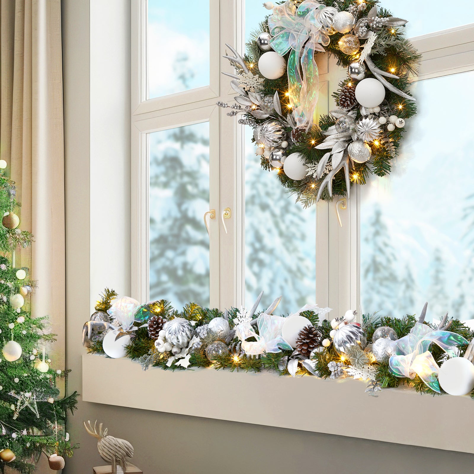 Garvee Pre-Lit Artificial Christmas Wreath, Xmas Decorated with Silver White Ball Ornaments Pine Cones, Ribbon Bow, Outdoor Lighted Christmas Wreath for Front Door