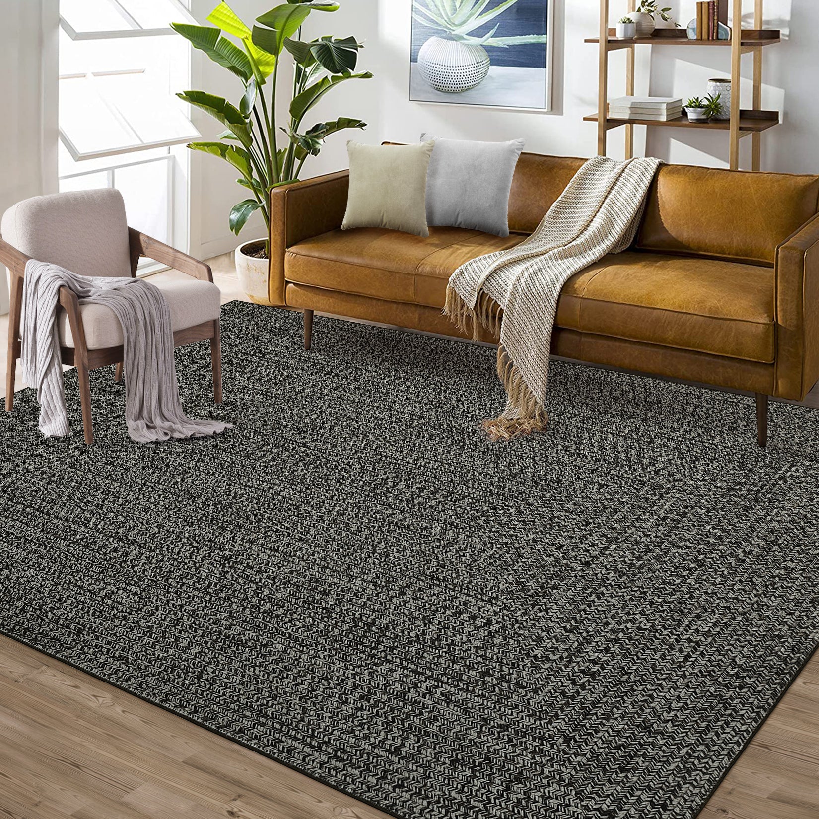 Garvee Dark Grey 8x10 Area Rug Print Braided Area Rug Machine Washable Rug for Living Room Farmhouse Solid Printed Weaving Carpet Non-Slip Stain Resistant Accent Rug Floor Cover for Home Decor