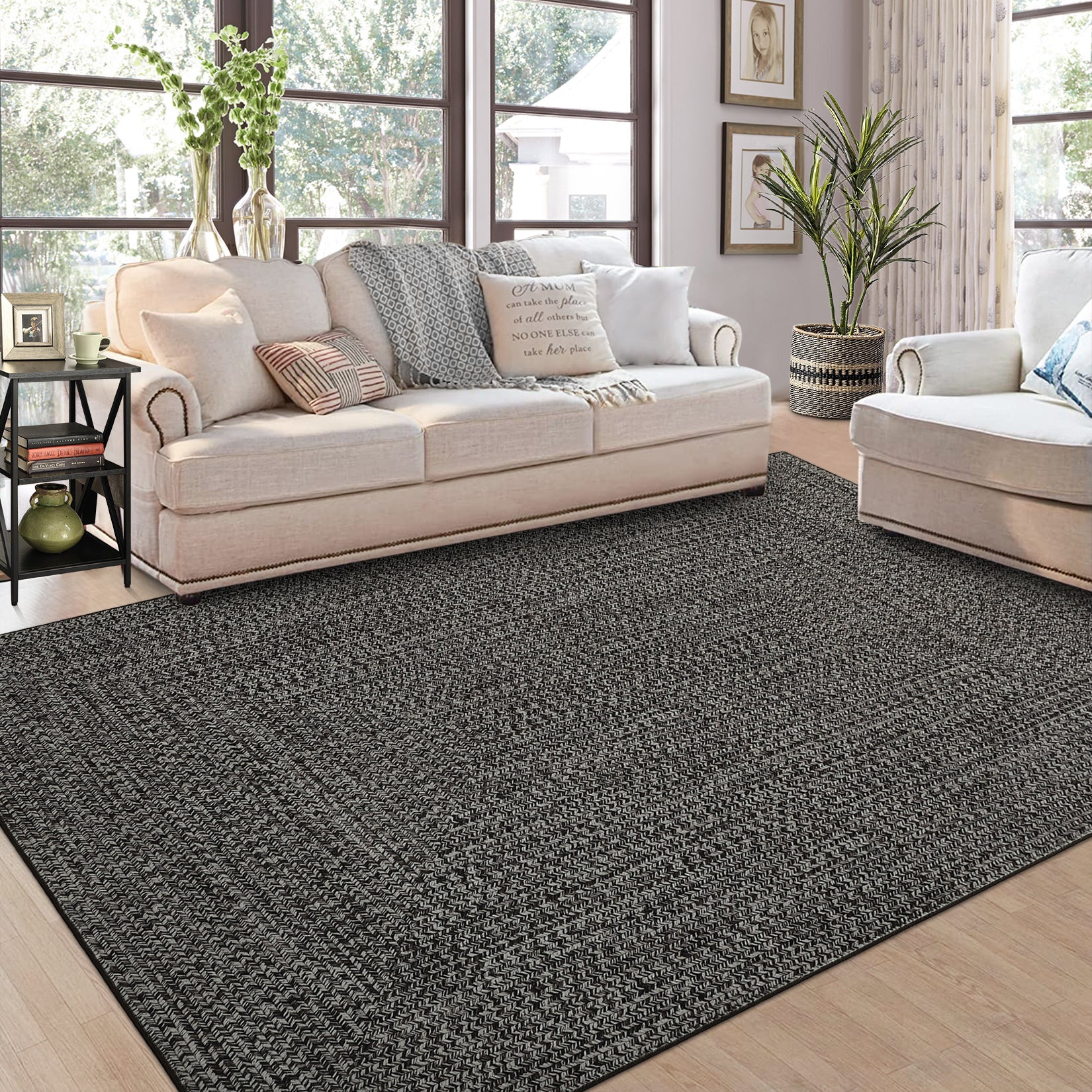 Garvee Area Rug Dark Grey 10x13 Extra Large Rug Print Braided Machine Washable Rug for Living Room, Non-Slip Stain Resistant Accent Rug Farmhouse Printed Weaving Floor Cover Carpet for Bedroom