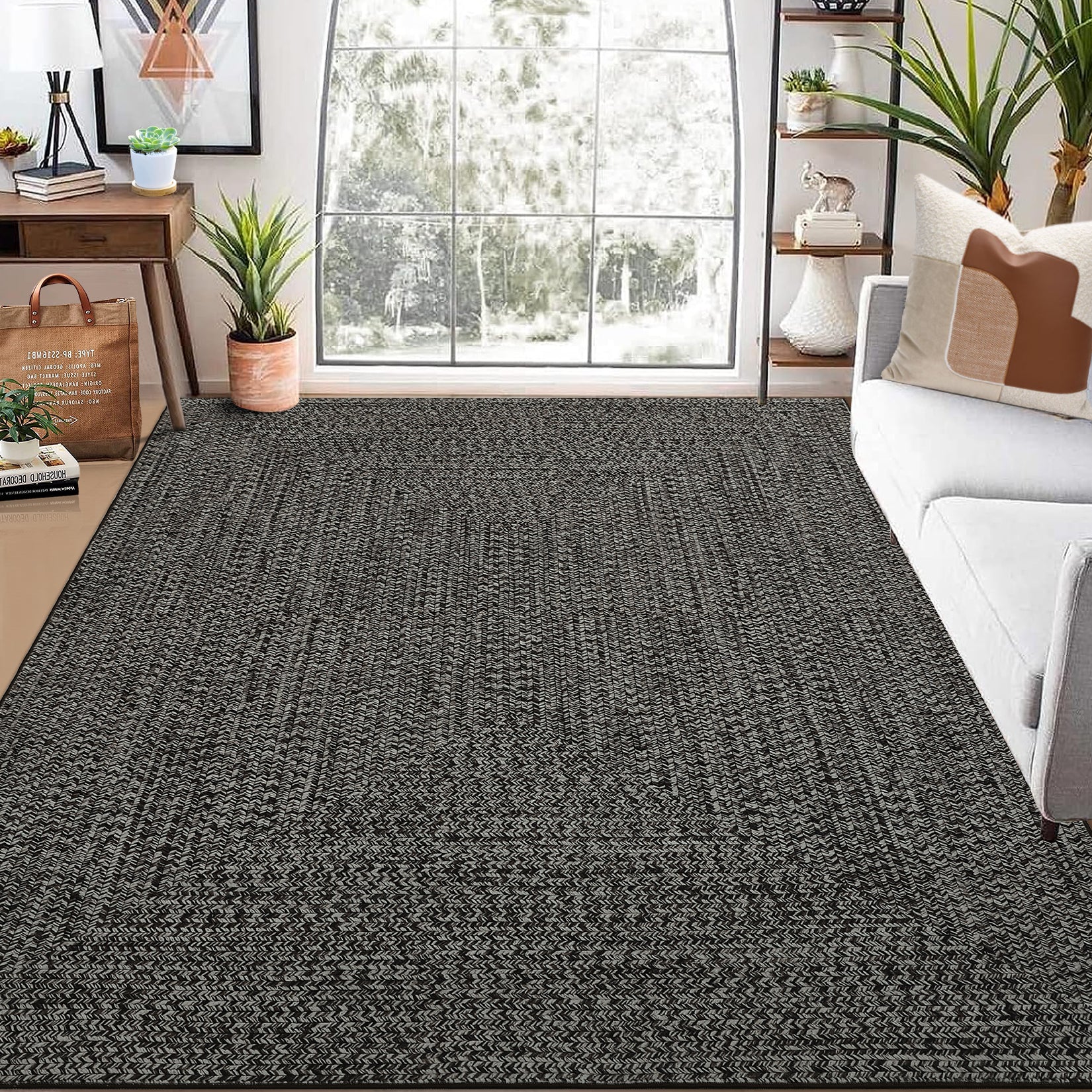 Garvee Dark Grey 8x10 Area Rug Print Braided Area Rug Machine Washable Rug for Living Room Farmhouse Solid Printed Weaving Carpet Non-Slip Stain Resistant Accent Rug Floor Cover for Home Decor
