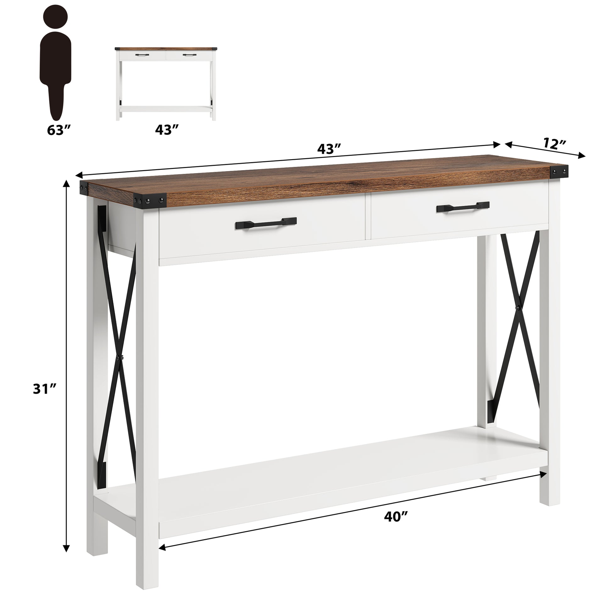 Garvee Console Table with 2 Drawers, Farmhouse Sofa Table with Storage Shelf, Accent Wood Entryway Table for Entryway, Brown & White