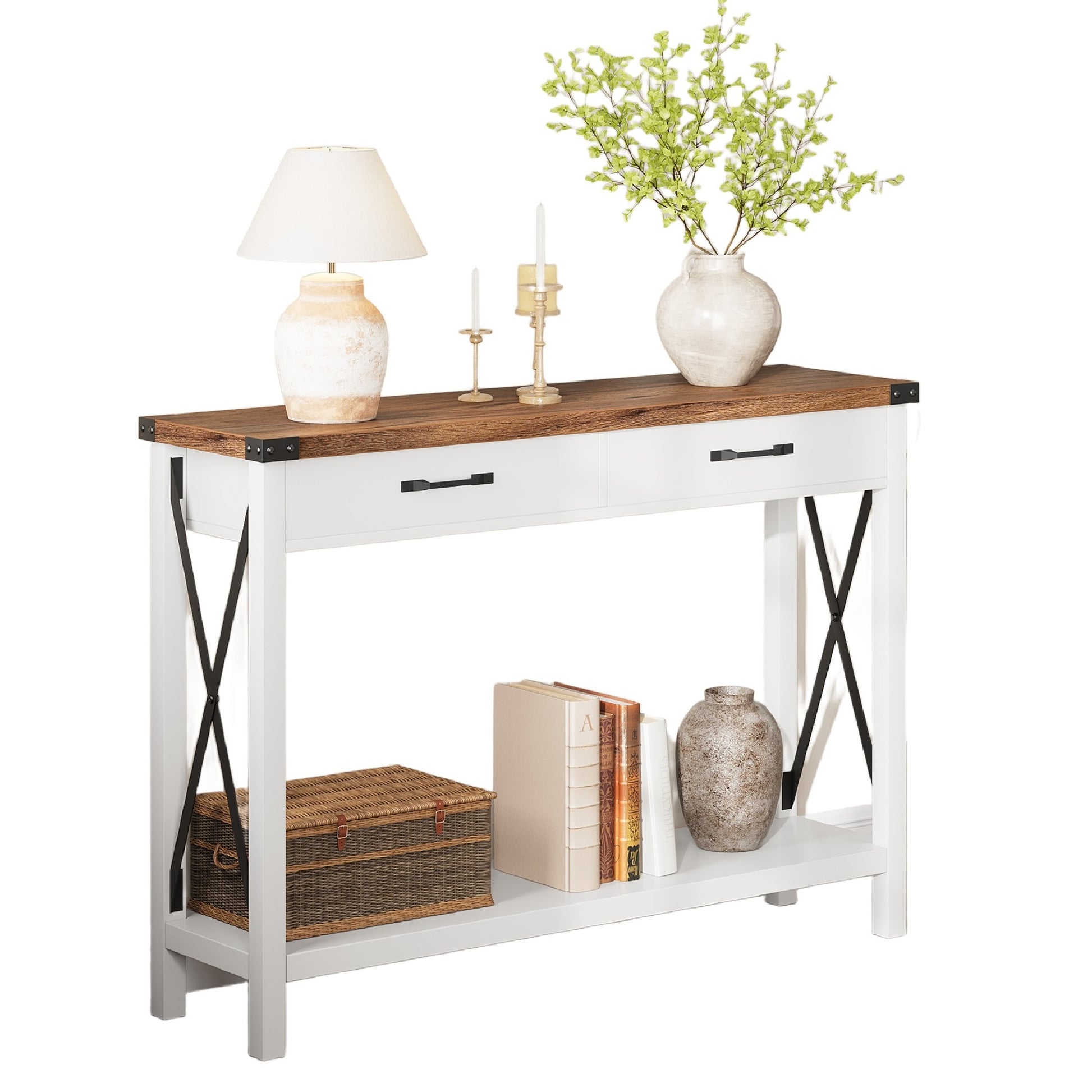 Garvee Console Table with 2 Drawers, Farmhouse Sofa Table with Storage Shelf, Accent Wood Entryway Table for Entryway, Brown & White