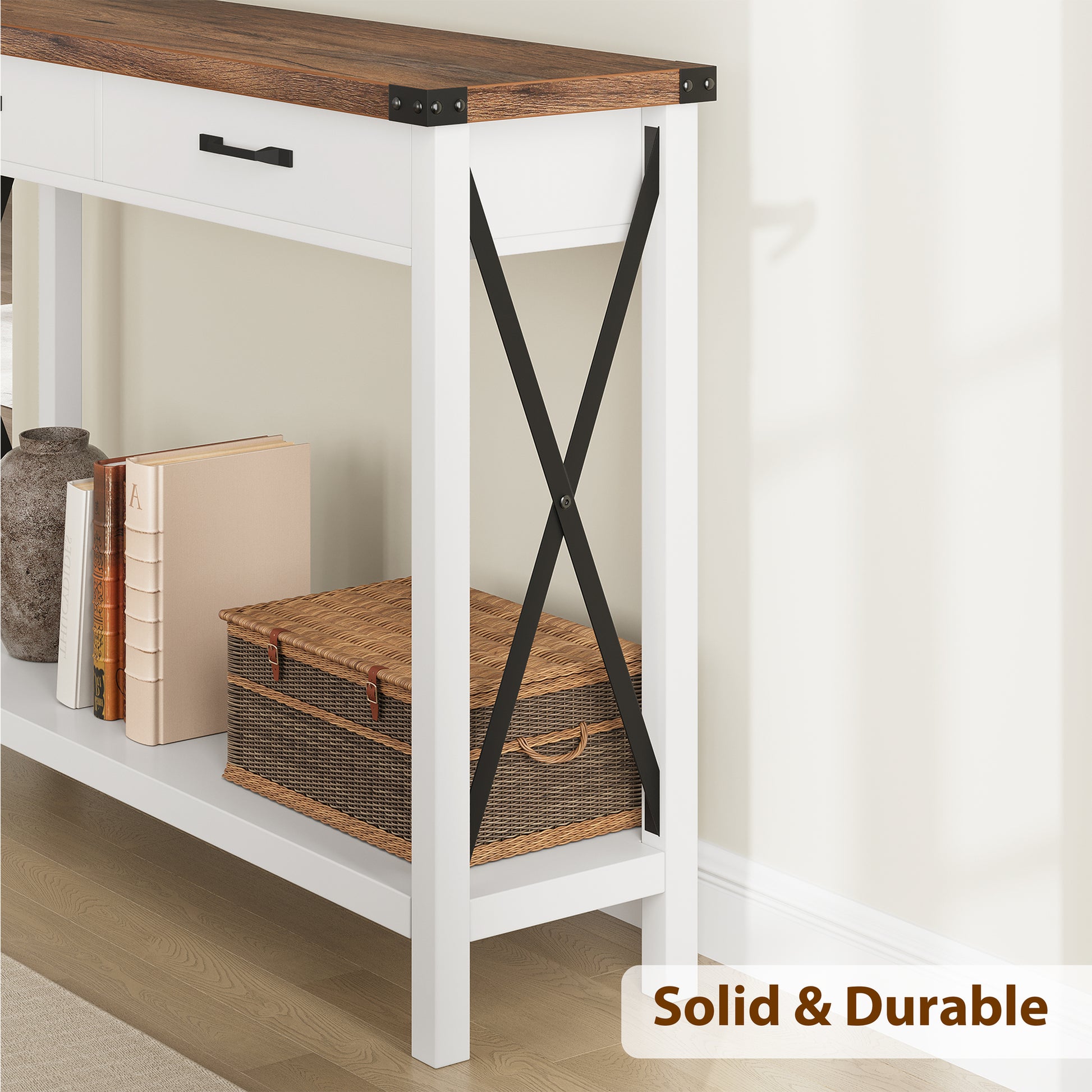 Garvee Console Table with 2 Drawers, Farmhouse Sofa Table with Storage Shelf, Accent Wood Entryway Table for Entryway, Brown & White