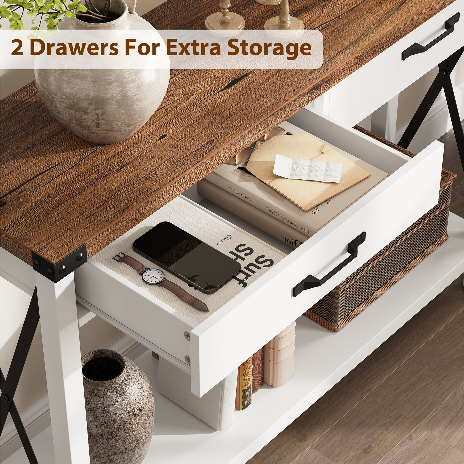 Garvee Console Table with 2 Drawers, Farmhouse Sofa Table with Storage Shelf, Accent Wood Entryway Table for Entryway, Brown & White