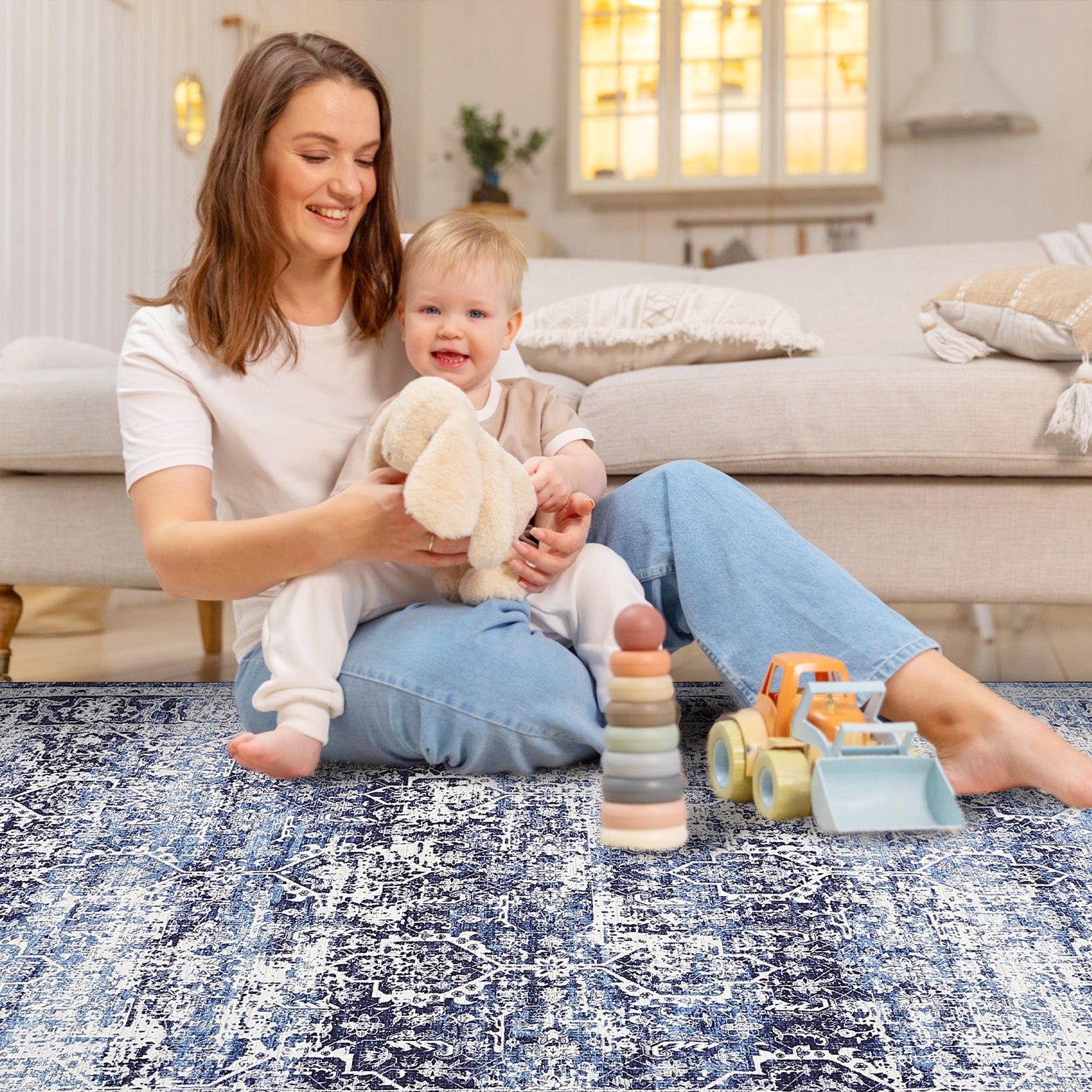 Garvee Area Rug 10x13 Washable Large Vintage Rug for Living Room Non Slip Non-Shedding Distressed Indoor Carpet Ultra Soft Low Pile Throw Rug for Bedroom Dining Room Home Office, Blue