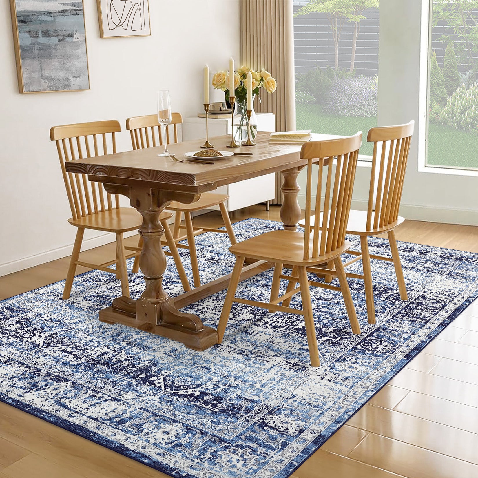 Garvee Area Rug 10x13 Washable Large Vintage Rug for Living Room Non Slip Non-Shedding Distressed Indoor Carpet Ultra Soft Low Pile Throw Rug for Bedroom Dining Room Home Office, Blue