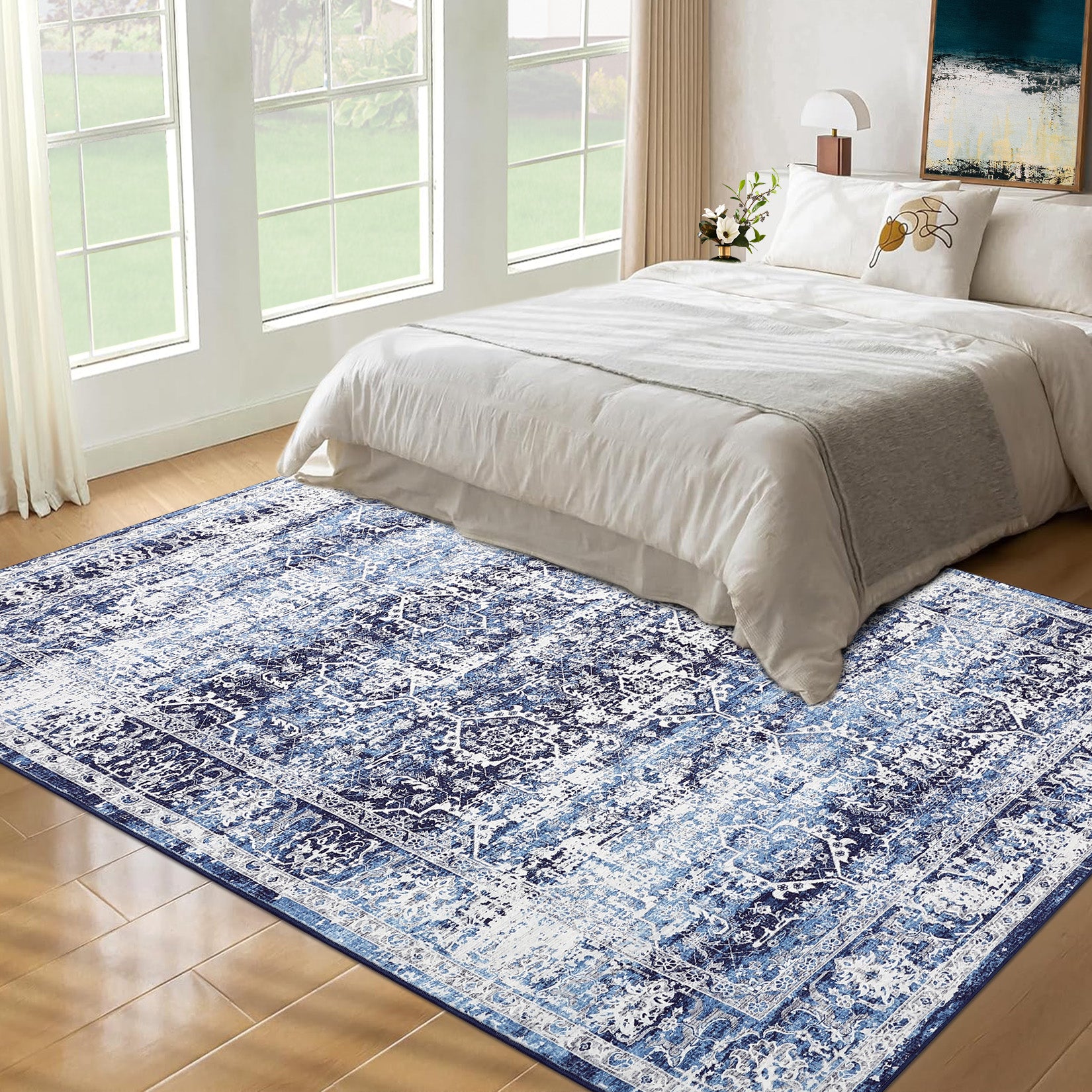 Garvee Area Rug 10x13 Washable Large Vintage Rug for Living Room Non Slip Non-Shedding Distressed Indoor Carpet Ultra Soft Low Pile Throw Rug for Bedroom Dining Room Home Office, Blue