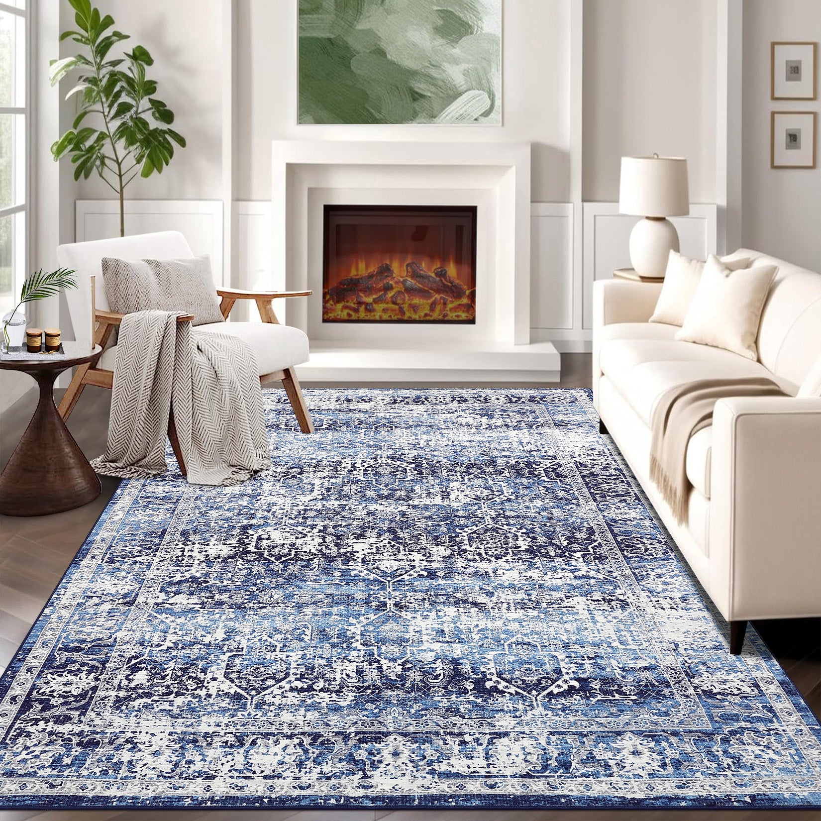 Garvee Area Rug 10x13 Washable Large Vintage Rug for Living Room Non Slip Non-Shedding Distressed Indoor Carpet Ultra Soft Low Pile Throw Rug for Bedroom Dining Room Home Office, Blue