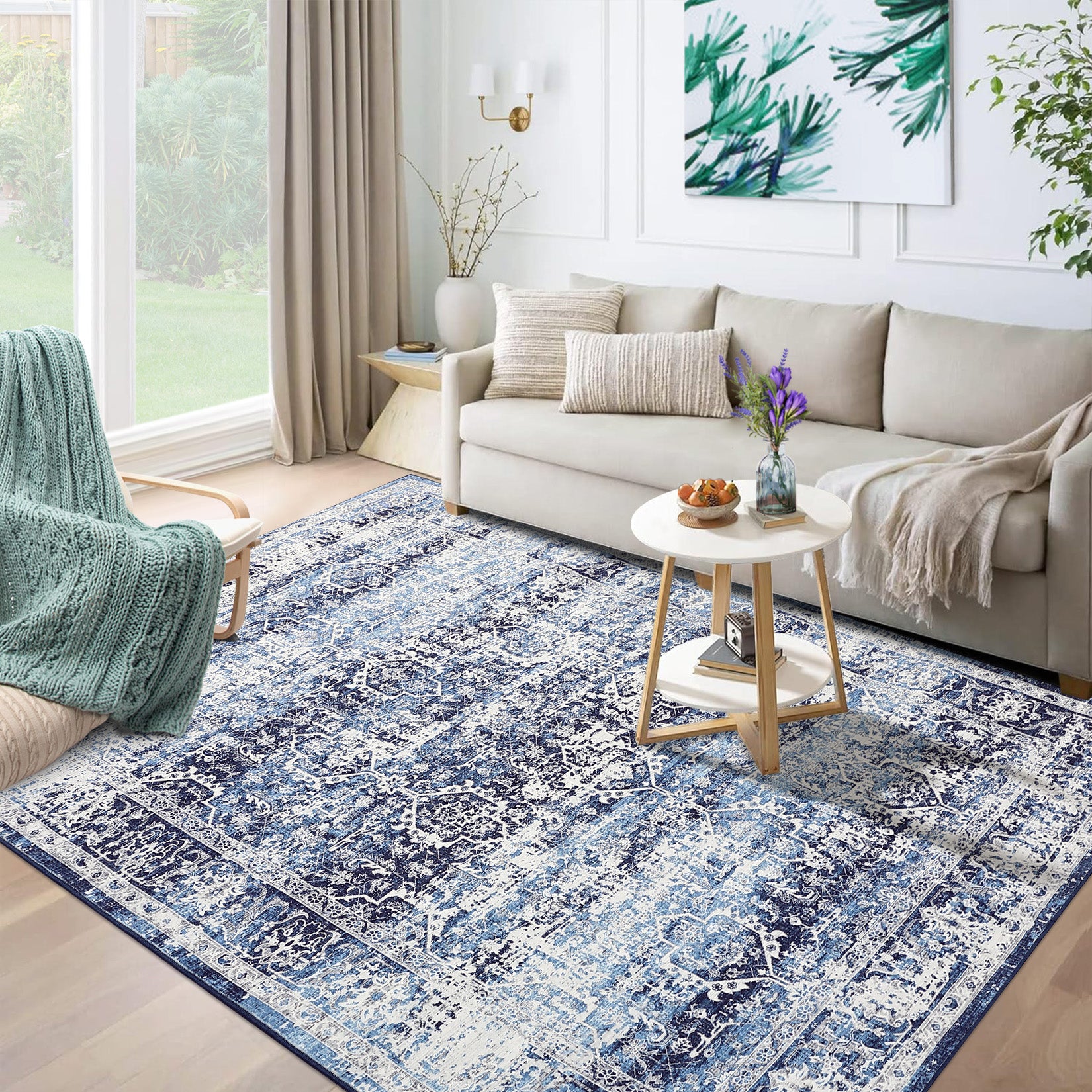 Garvee Area Rug 10x13 Washable Large Vintage Rug for Living Room Non Slip Non-Shedding Distressed Indoor Carpet Ultra Soft Low Pile Throw Rug for Bedroom Dining Room Home Office, Blue