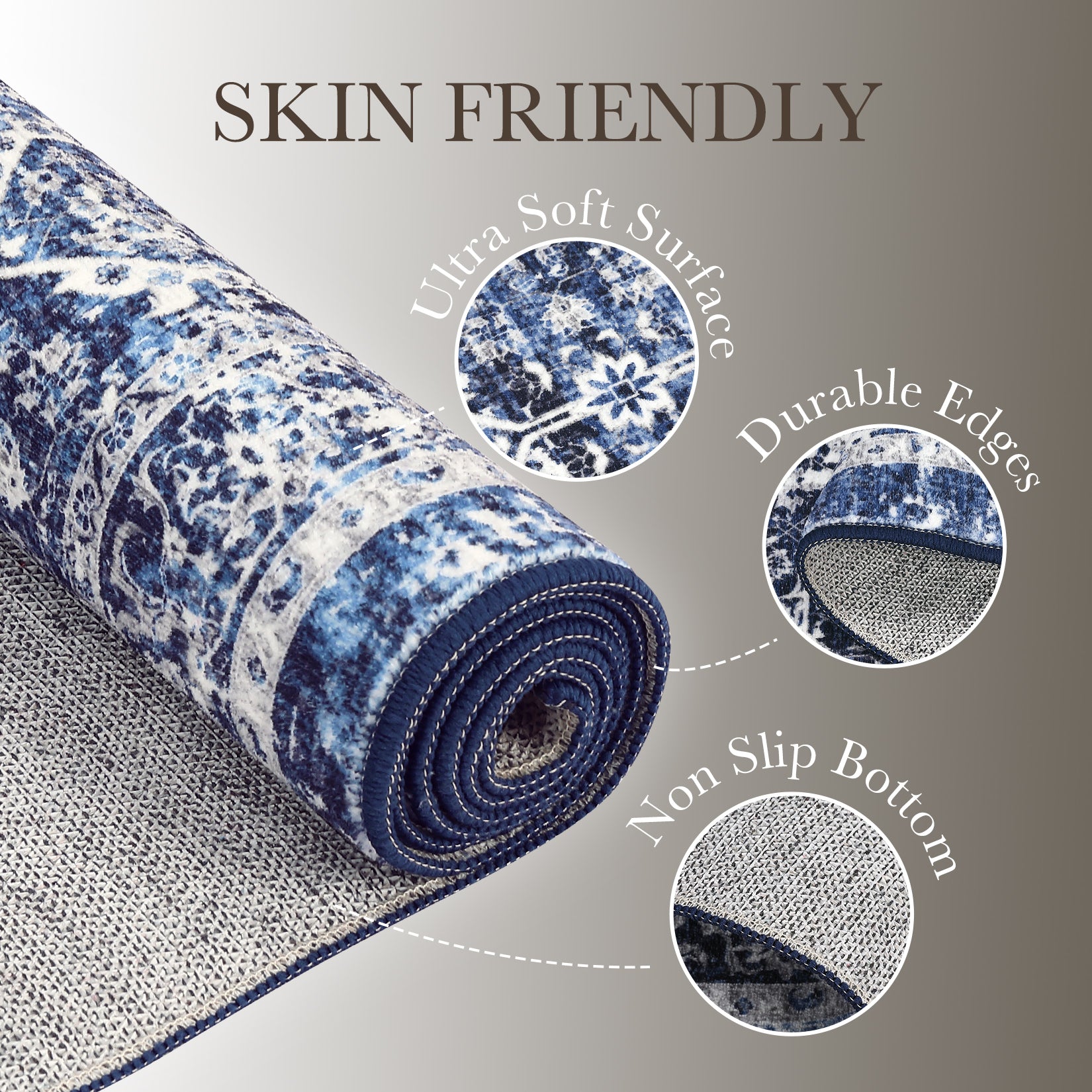 Garvee Area Rug 10x13 Washable Large Vintage Rug for Living Room Non Slip Non-Shedding Distressed Indoor Carpet Ultra Soft Low Pile Throw Rug for Bedroom Dining Room Home Office, Blue