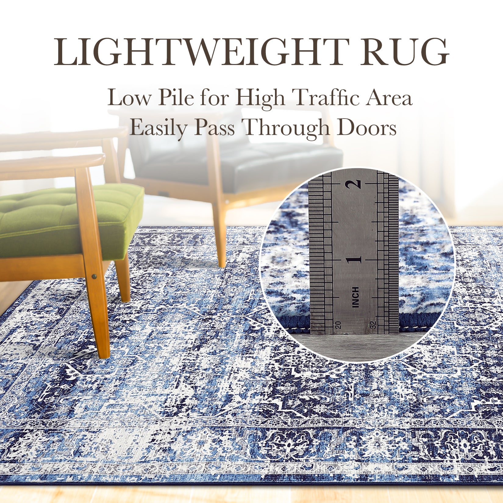 Garvee Area Rug 10x13 Washable Large Vintage Rug for Living Room Non Slip Non-Shedding Distressed Indoor Carpet Ultra Soft Low Pile Throw Rug for Bedroom Dining Room Home Office, Blue
