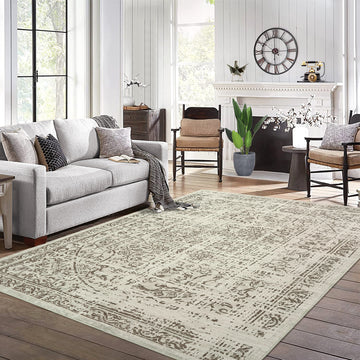 Garvee Machine Washable 9x12 Area Rugs for Living Room Vintage Rugs Non Slip Low Pile Water Resistant Soft Print Pattern Carpet for Bedroom Indoor Decor Polyester Rug Brown