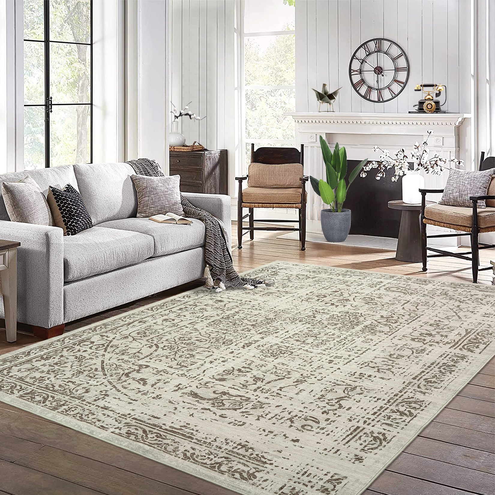 Garvee Machine Washable 9x12 Area Rugs for Living Room Vintage Rugs Non Slip Low Pile Water Resistant Soft Print Pattern Carpet for Bedroom Indoor Decor Polyester Rug Brown