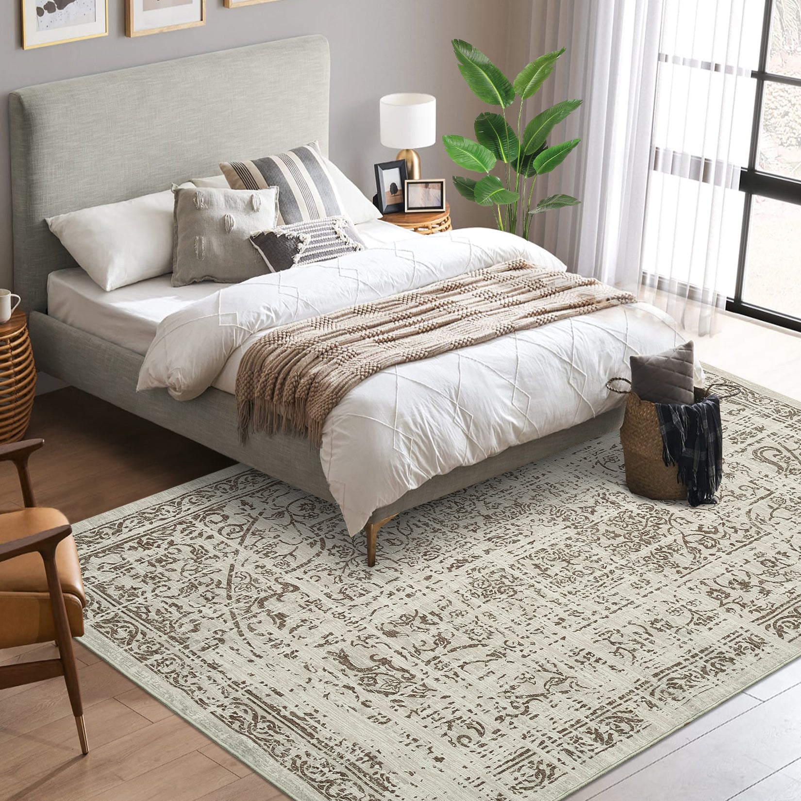 Garvee Area Rug 8x10 Washable Rug Brown Vintage Rug Traditional Floor Cover Thin Rug Retro Kitchen Indoor Distressed Non Slip Carpet Floral Print Mat Living Room Bedroom Dining Room