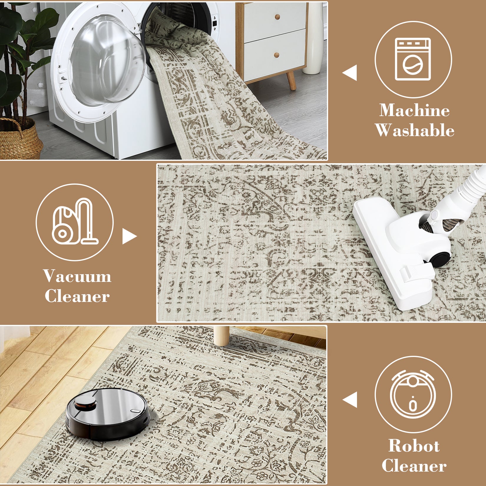 Garvee Vintage Area Rug, 4x6 Stain Resistant Carpet Non Shedding Non-Slip Soft Rug Bedroom Dining Room or Home Office, Low Pile Farmhouse Oriental Indoor Floor Carpet Brown