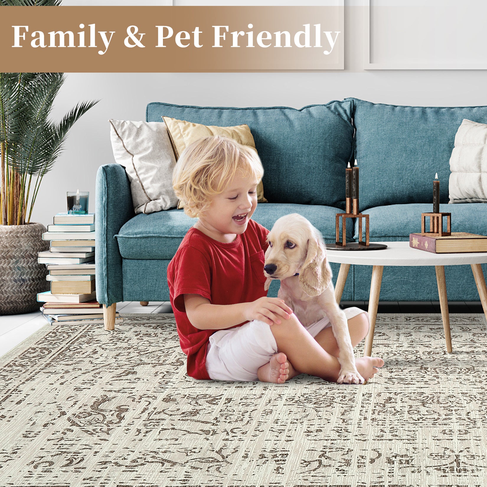 Garvee Vintage Area Rug, 4x6 Stain Resistant Carpet Non Shedding Non-Slip Soft Rug Bedroom Dining Room or Home Office, Low Pile Farmhouse Oriental Indoor Floor Carpet Brown