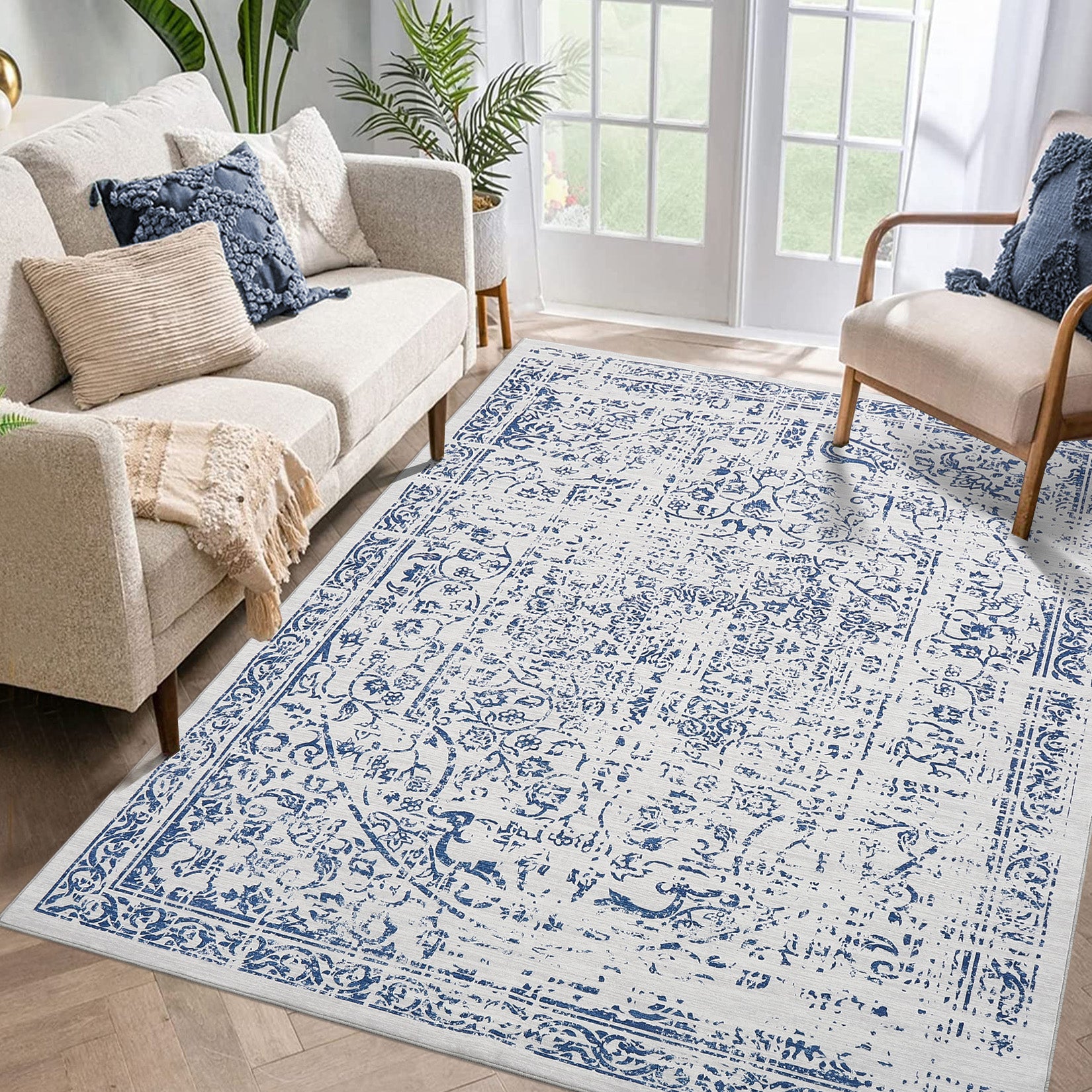 Garvee Vintage Area Rug, 4x6 Stain Resistant Carpet Non Shedding Non-Slip Soft Rug Bedroom Dining Room or Home Office, Low Pile Farmhouse Oriental Indoor Floor Carpet Blue