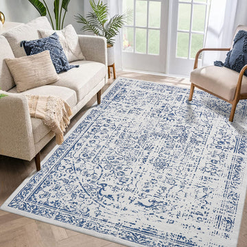 Garvee Area Rug 8x10 Washable Rug Blue Vintage Rug Traditional Floor Cover Thin Rug Retro Kitchen Indoor Distressed Non Slip Carpet Floral Print Mat Living Room Bedroom Dining Room