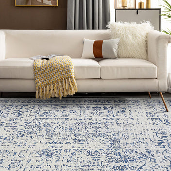 Garvee Vintage Area Rug, 4x6 Stain Resistant Carpet Non Shedding Non-Slip Soft Rug Bedroom Dining Room or Home Office, Low Pile Farmhouse Oriental Indoor Floor Carpet Blue