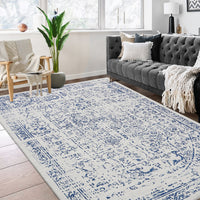 Garvee Machine Washable 9x12 Area Rugs for Living Room Vintage Rugs Non Slip Low Pile Water Resistant Soft Print Pattern Carpet for Bedroom Indoor Decor Polyester Rug Blue
