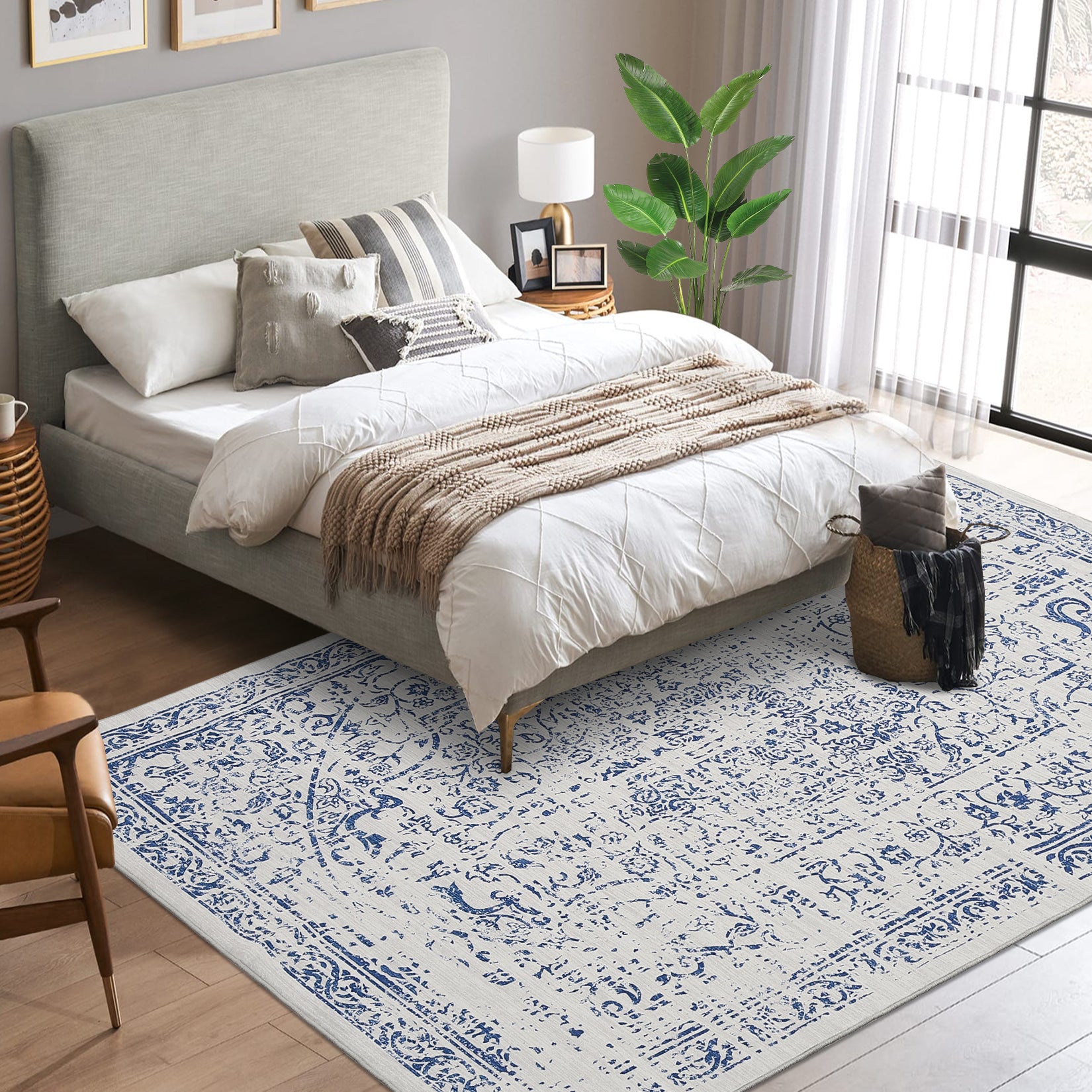 Garvee 5x7 Washable Area Rug Vintage Rug Traditional Floor Cover Foldable Thin Rug Kitchen Accent Rug Indoor Distressed Non Slip Carpet Floral Print Mat Bedroom Living Room Bathroom Blue