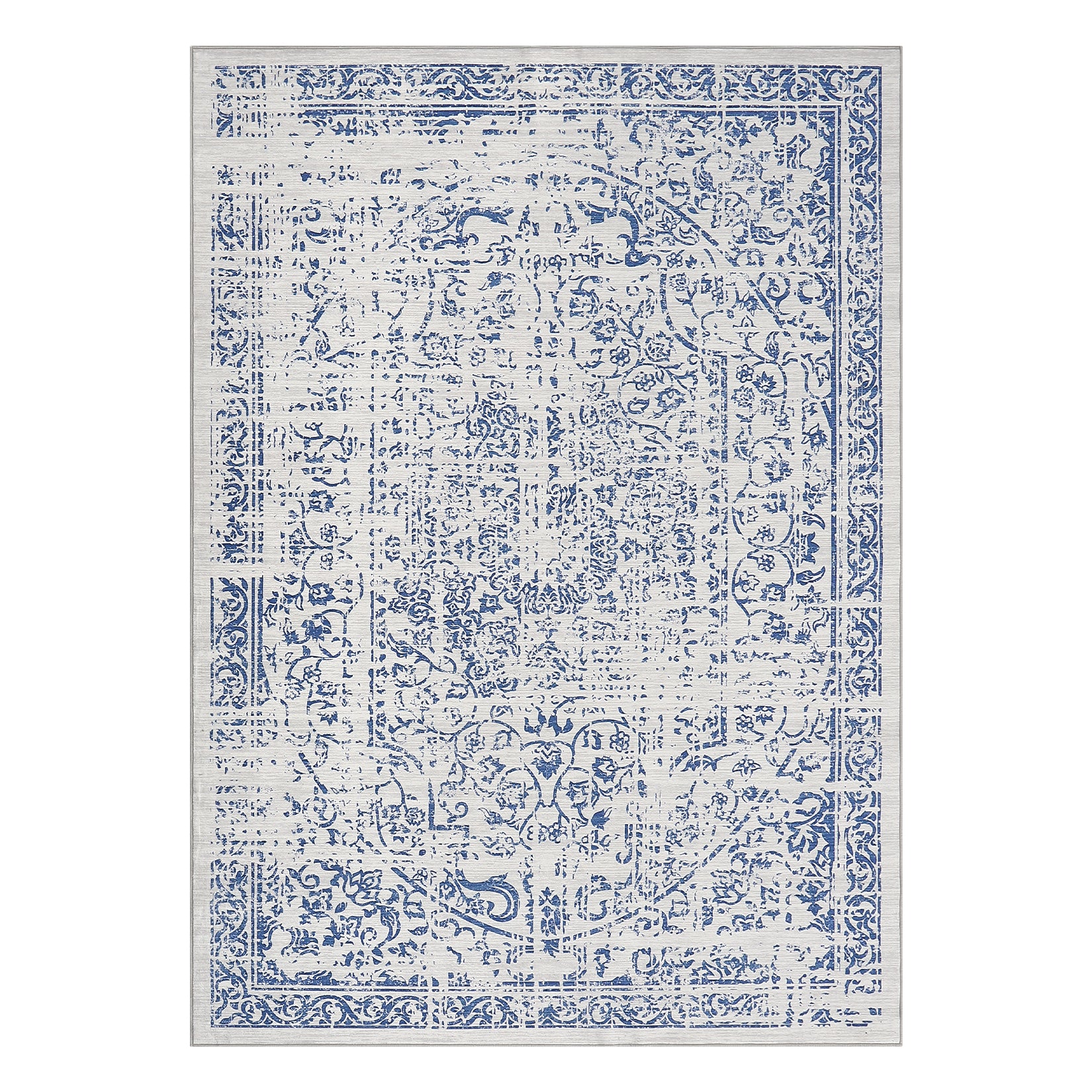 Garvee 5x7 Washable Area Rug Vintage Rug Traditional Floor Cover Foldable Thin Rug Kitchen Accent Rug Indoor Distressed Non Slip Carpet Floral Print Mat Bedroom Living Room Bathroom Blue