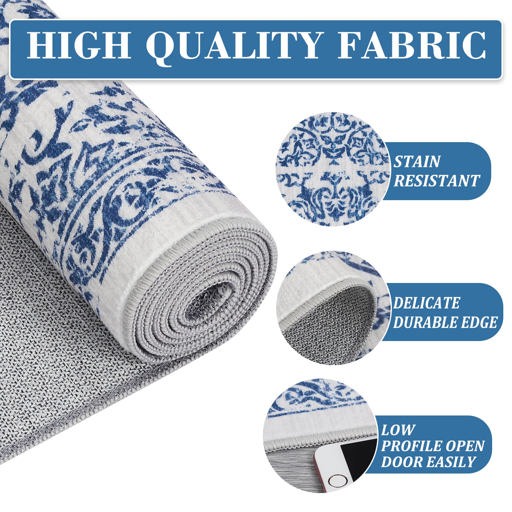 Garvee 5x7 Washable Area Rug Vintage Rug Traditional Floor Cover Foldable Thin Rug Kitchen Accent Rug Indoor Distressed Non Slip Carpet Floral Print Mat Bedroom Living Room Bathroom Blue