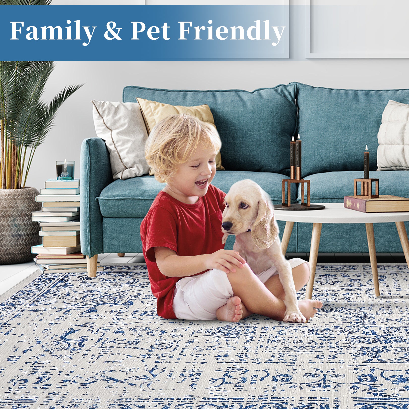 Garvee Area Rug 8x10 Washable Rug Blue Vintage Rug Traditional Floor Cover Thin Rug Retro Kitchen Indoor Distressed Non Slip Carpet Floral Print Mat Living Room Bedroom Dining Room